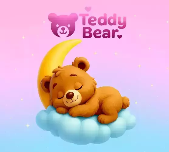 Sleeping Teddy Bear on Cloud with Moon