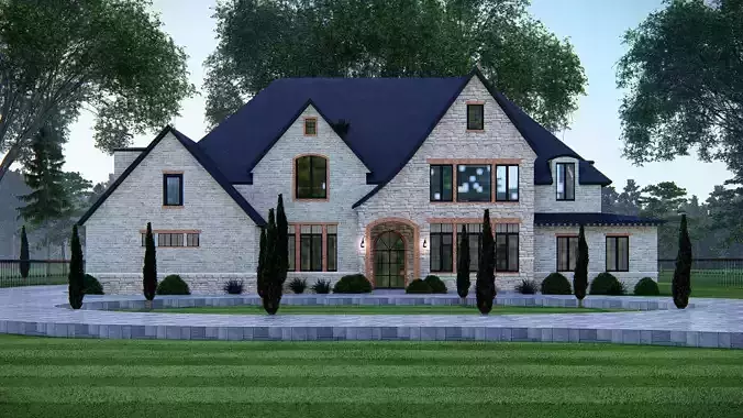 Luxury Stone House 3D Model Modern Suburban Villa Detailed 