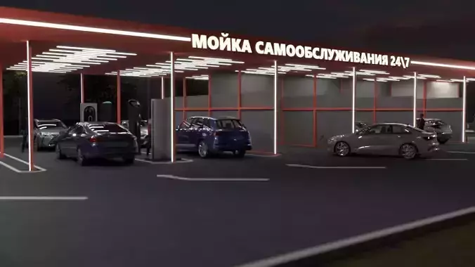 3D Car Wash Station with Vehicles 3D model