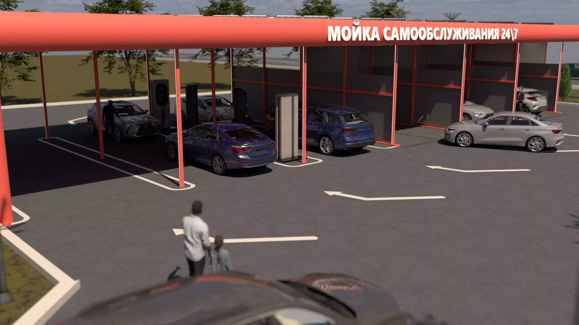 3D Car Wash Station with Vehicles 3D model_1