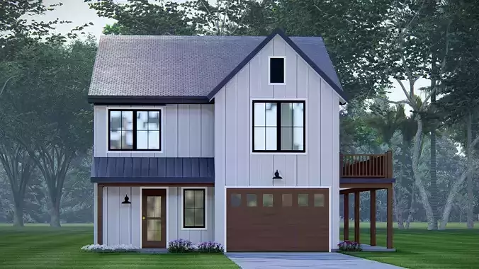 Modern American Ranch Farmhouse 3D Model  Home with Garage 3D model