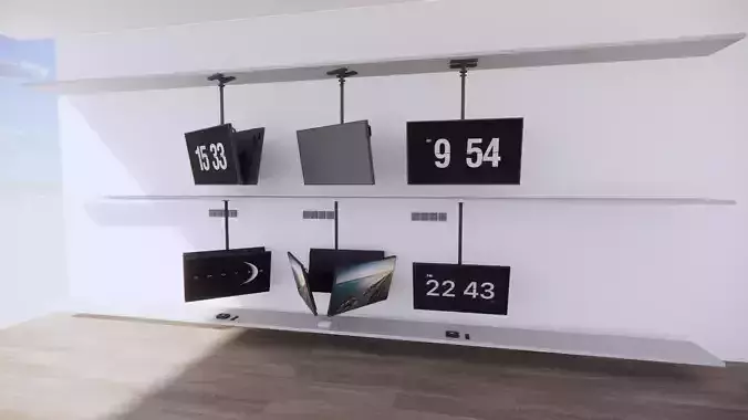 3D Model Modern Suspended Display and Digital Clock Setup and TV