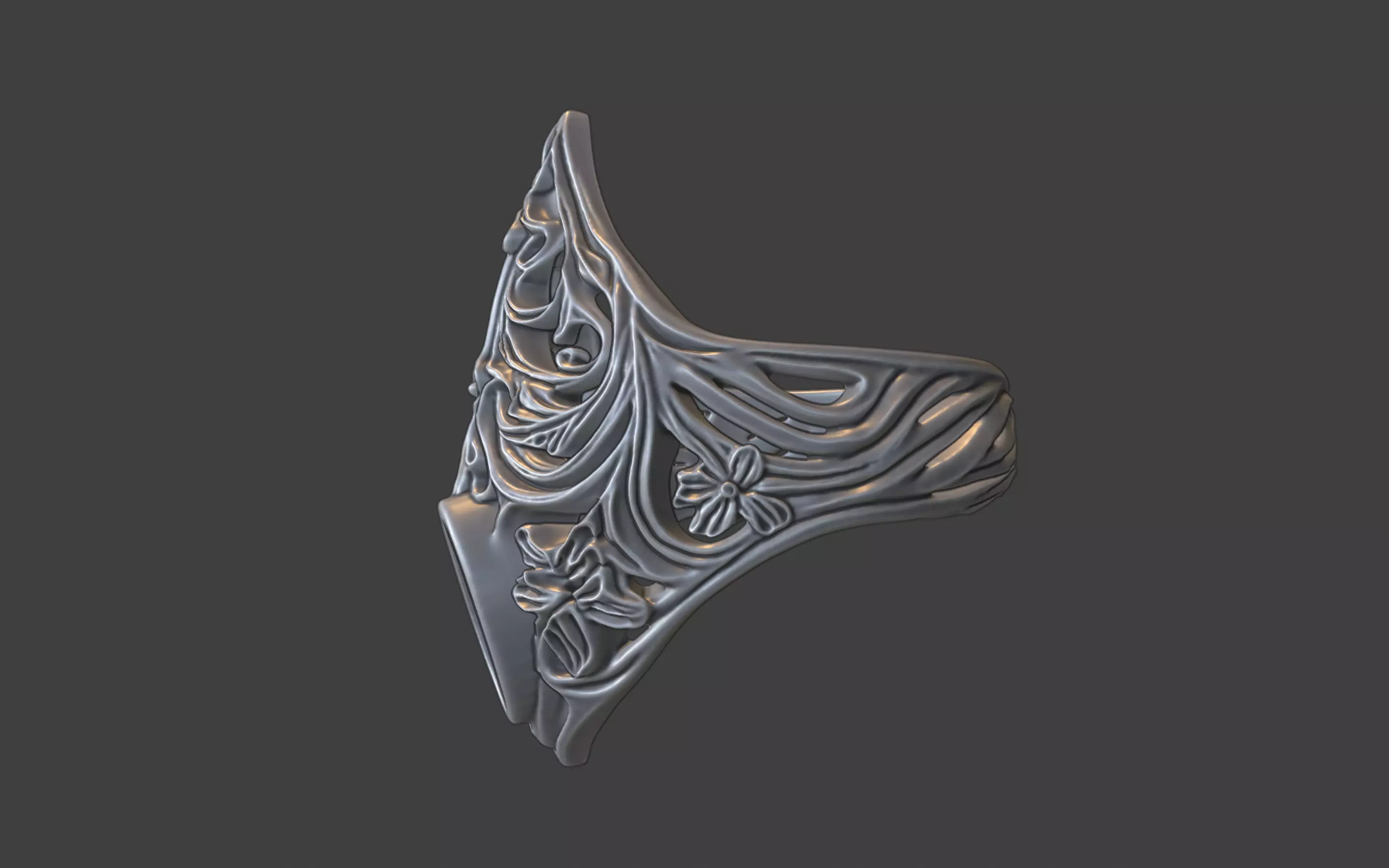 gothic scrollwork gemstone ring silver 3D print model_2