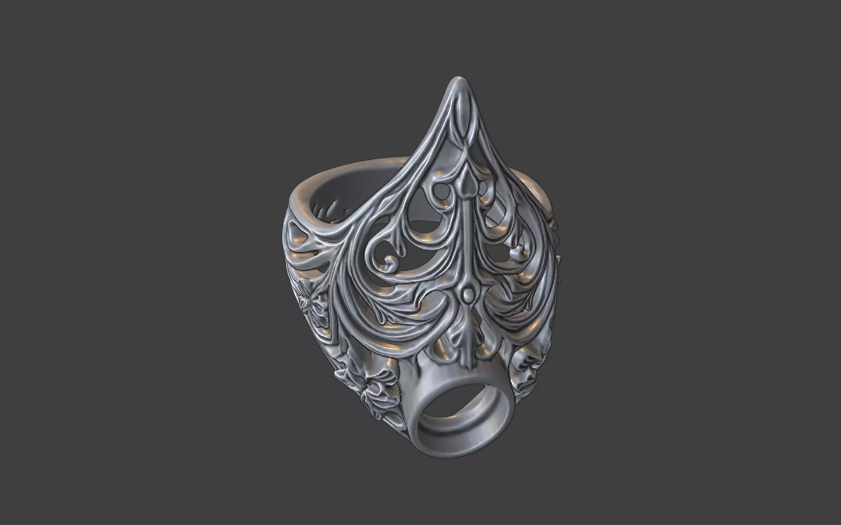 gothic scrollwork gemstone ring silver 3D print model_17