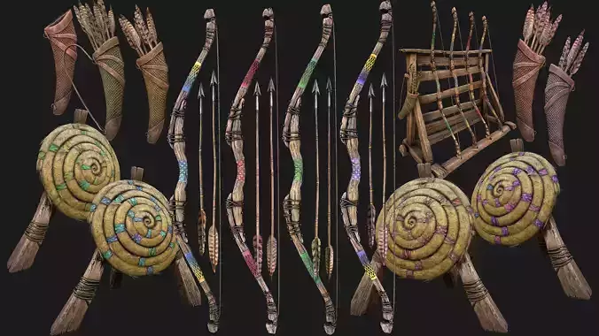 Medieval Collection Weapons Archer Bow Arrows Target Quiver  Low-poly 3D model