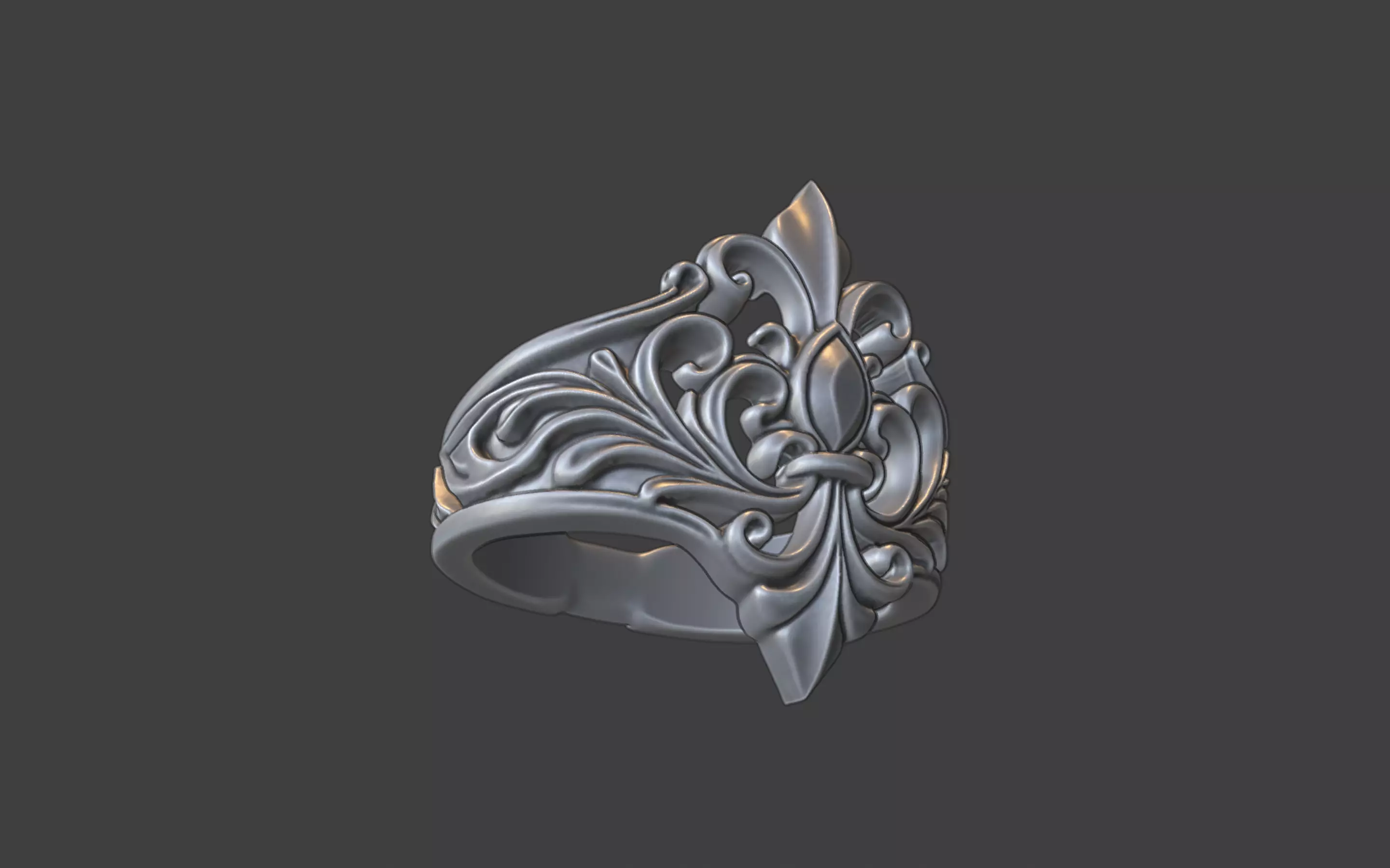 fleur de lis scrollwork silver ring 3D print model_16