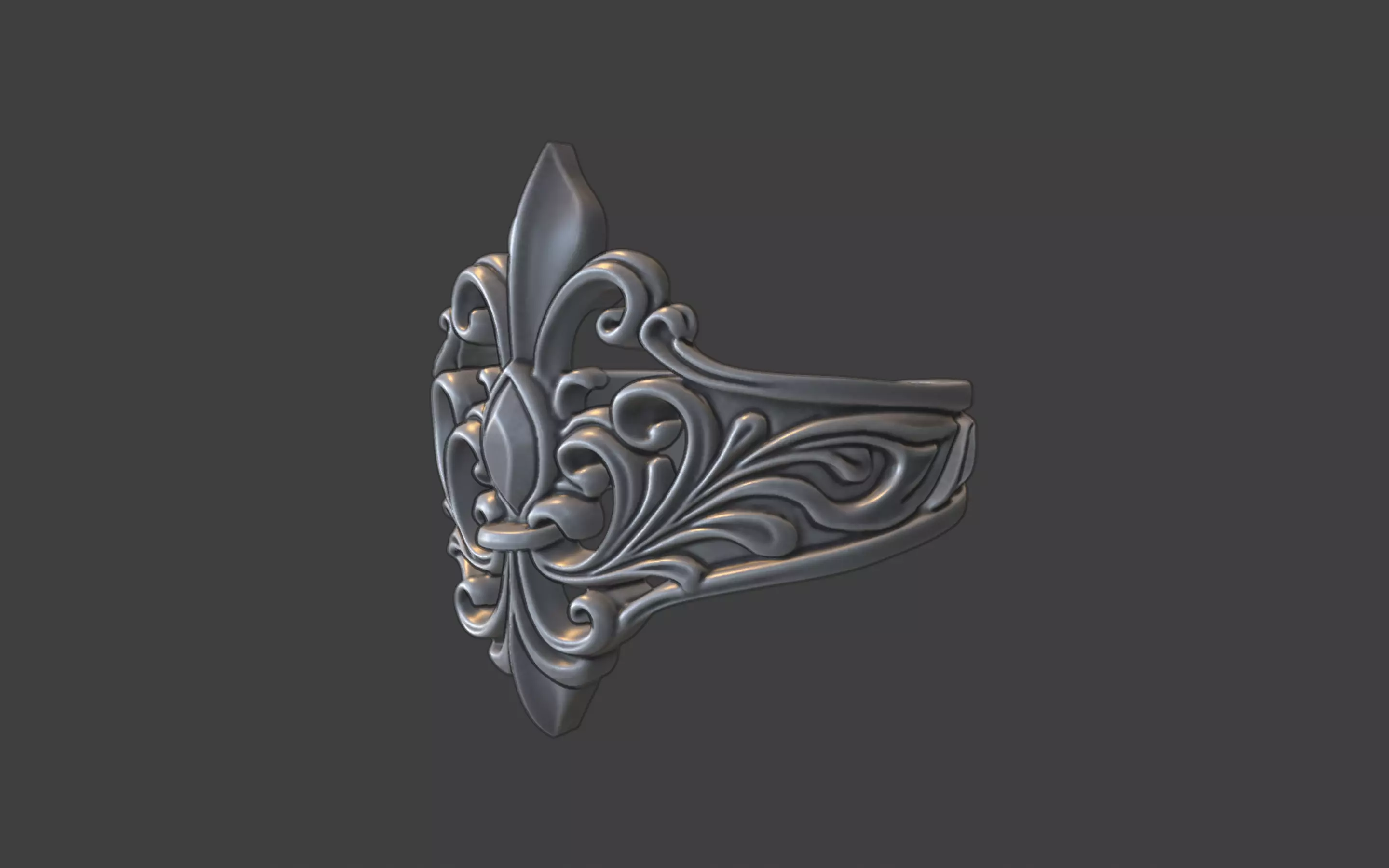 fleur de lis scrollwork silver ring 3D print model_10