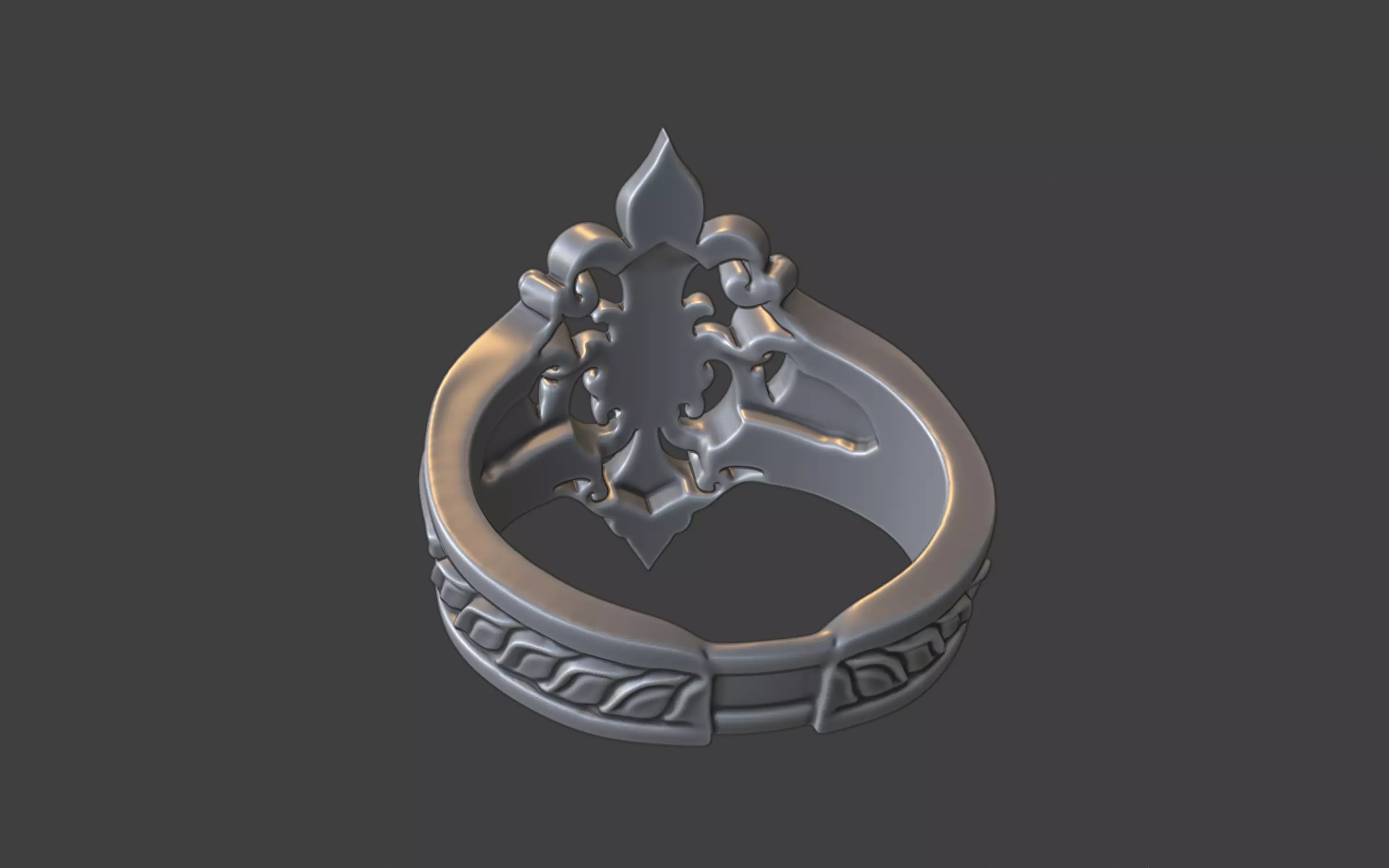 fleur de lis scrollwork silver ring 3D print model_4