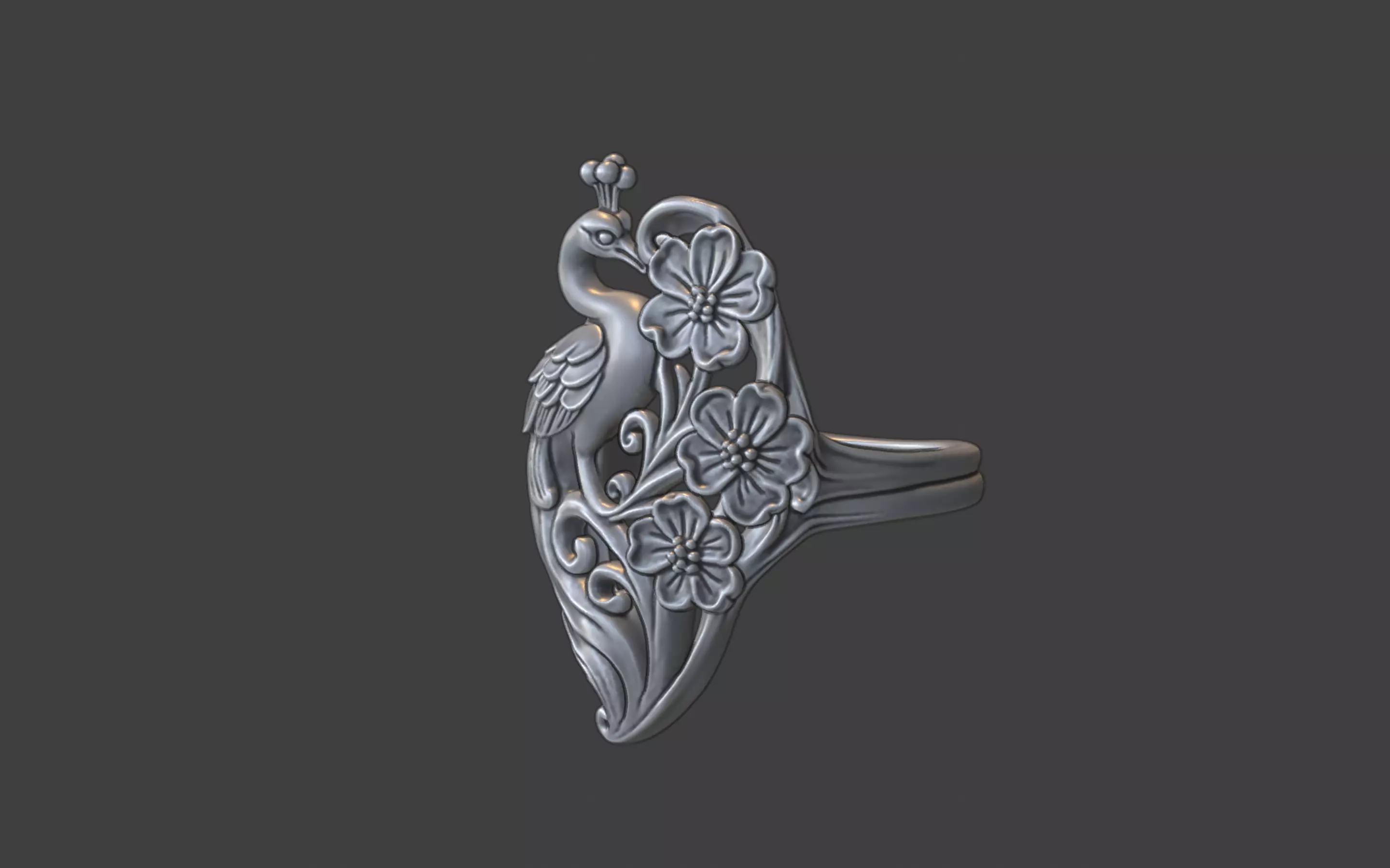 art nouveau floral peacock ring nature inspired 3D print model_1