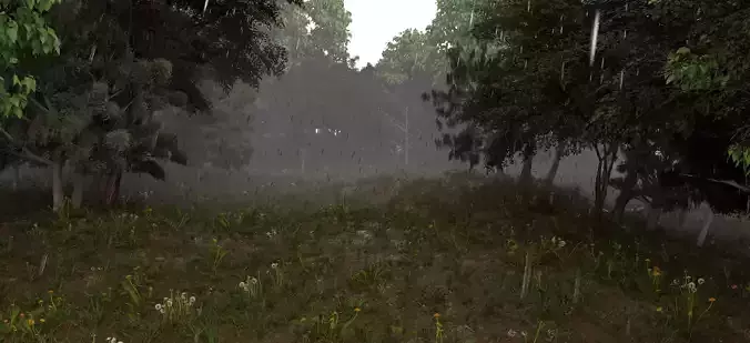 Realistic animated rainy forest 3D model
