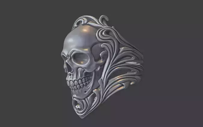 ornate silver human skull ring
