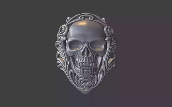 ornate silver human skull ring v2