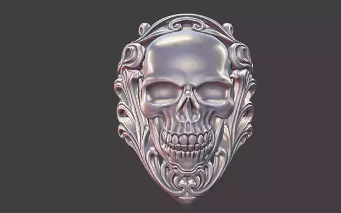 ornate silver human skull ring v2