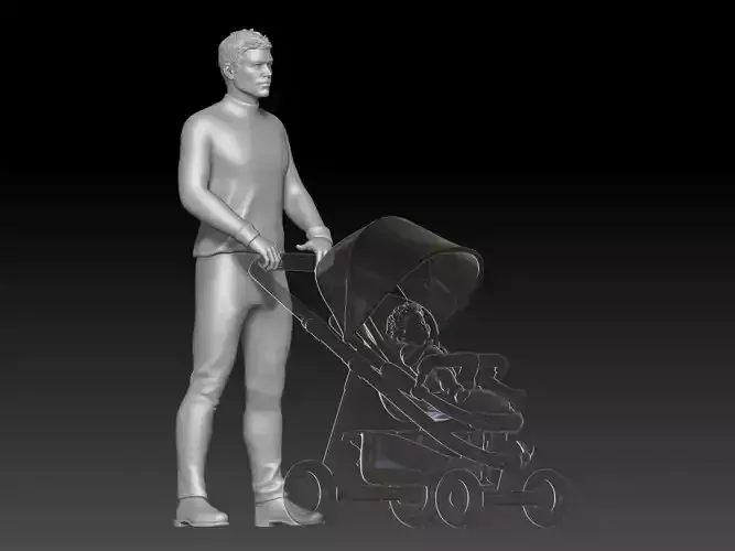 Dad walks in the park with a stroller 1