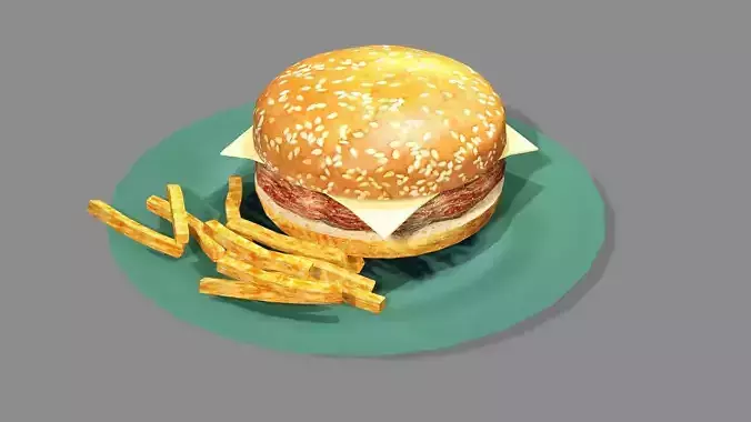 HAMBURGER With Fries On Plate Low-Poly 3D Model
