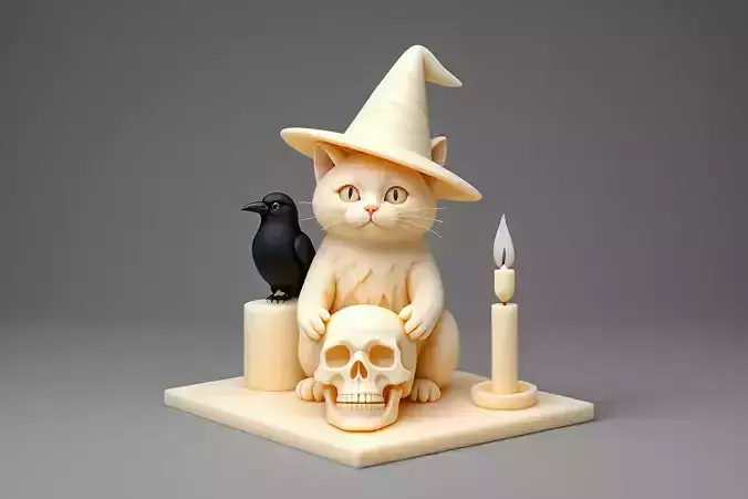 2331Witch Cat with Skull Raven Candlestick  Figurine