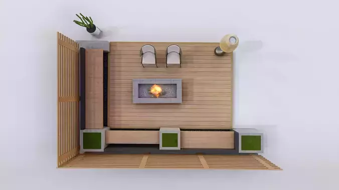 Modern Outdoor Deck with Fire Pit and Lounge Low-poly 3D model 4