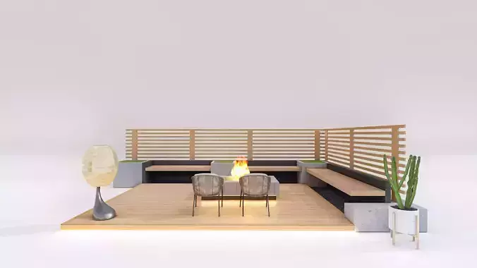 Modern Outdoor Deck with Fire Pit and Lounge Low-poly 3D model 7