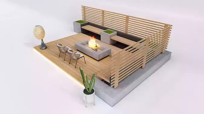 Modern Outdoor Deck with Fire Pit and Lounge Low-poly 3D model 2