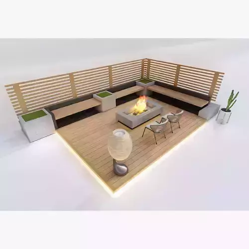 Modern Outdoor Deck with Fire Pit and Lounge Low-poly 3D model 6