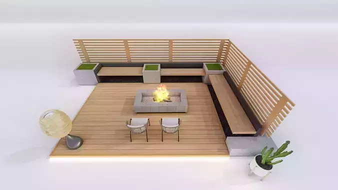 Modern Outdoor Deck with Fire Pit and Lounge Low-poly 3D model 3