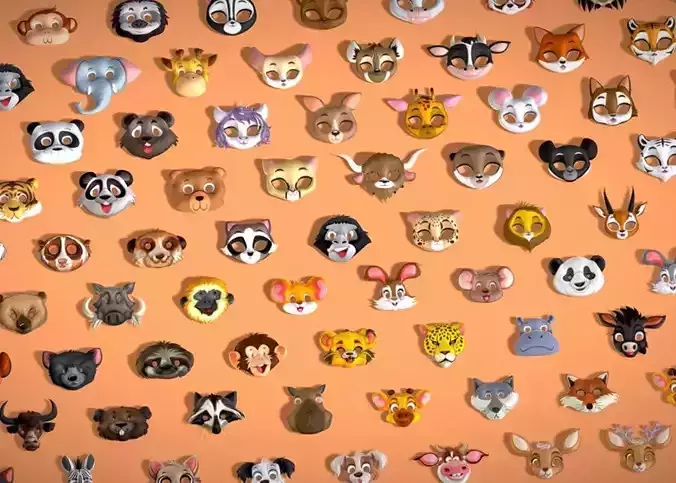 95 Animal Mask Mega Pack - Kids Masks Stylized Toon Collection Low-poly 3D model