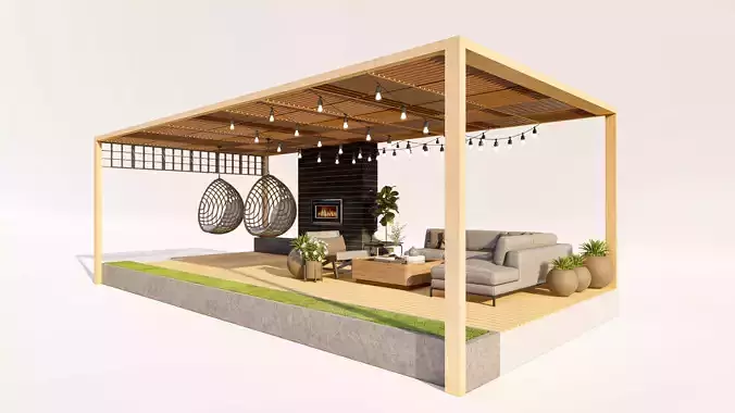 Outdoor Pergola with Fireplace and Lounge Area