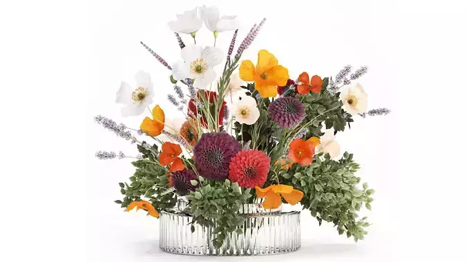 Realistic bouquet flowers poppy lavender branches vase 630