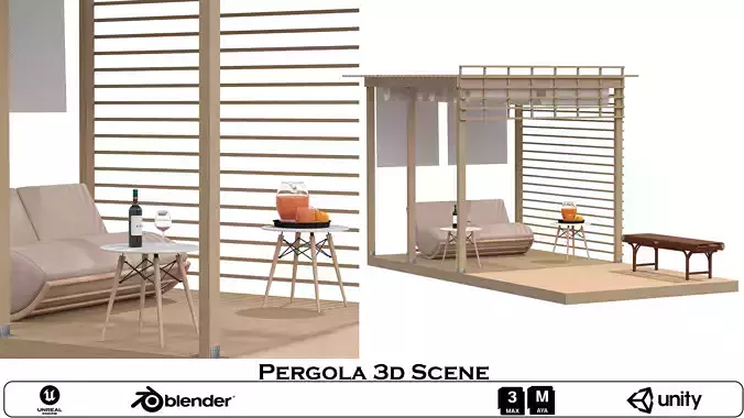 Pergola 3D Scene - Modern Outdoor Lounge and Dining Area