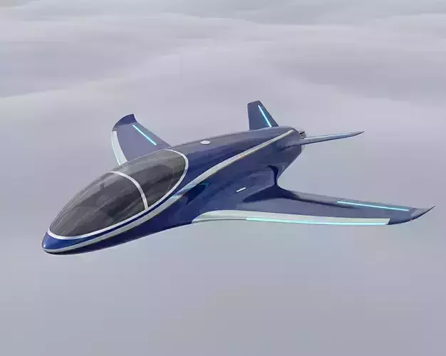 Sleek Blue Futuristic Aircraft Soaring Above Clouds