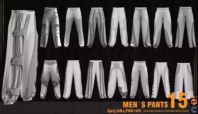 15 BASIC MENS PANTS MARVELOUS AND CLO3D- ZPRJ-FBX-OBJ 3D model