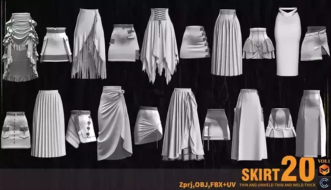 20 BASIC SKIRT- MARVELOUS AND CLO3D- ZPRJ-FBX-OBJ