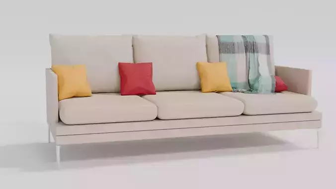 Modern 3 Seater Fabric Sofa with Cushions and Blanket  Archviz