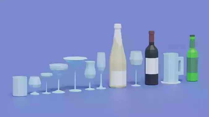 Bar Wine Bottle Wine Glass Low Poly