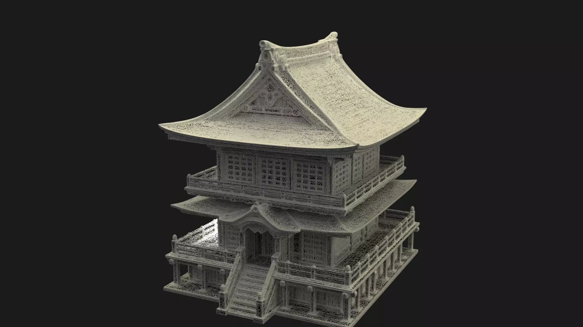 Chinese ancient wooden house   Low-poly 3D model_7