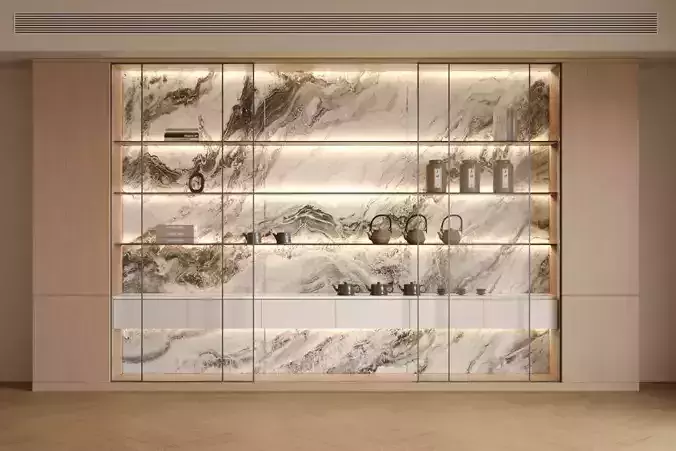 The tea cabinet in the living room stores all kinds of tea sets