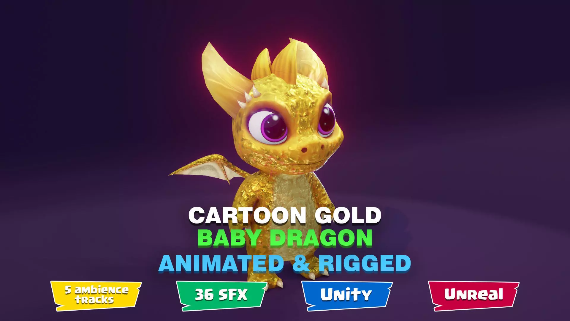 Gold Baby Dragon 3D Character Audio Unity Unreal Ready Low-poly 3D model