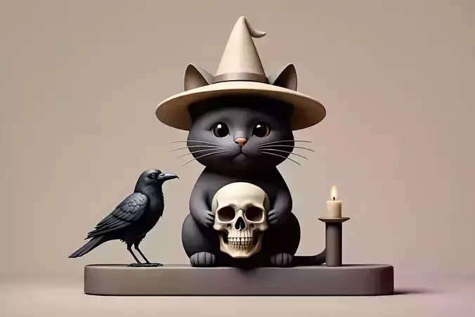 2340Witch Cat with Skull  Raven Candlestick  Figurine