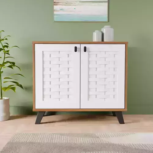 Stylish Wooden Shoe Storage Cabinet with Woven Pattern Doors