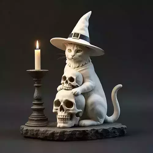 2341  Witch Cat with Skull   Raven  and Candlestick