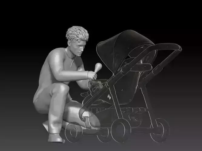 Dad walks in the park with a stroller 3