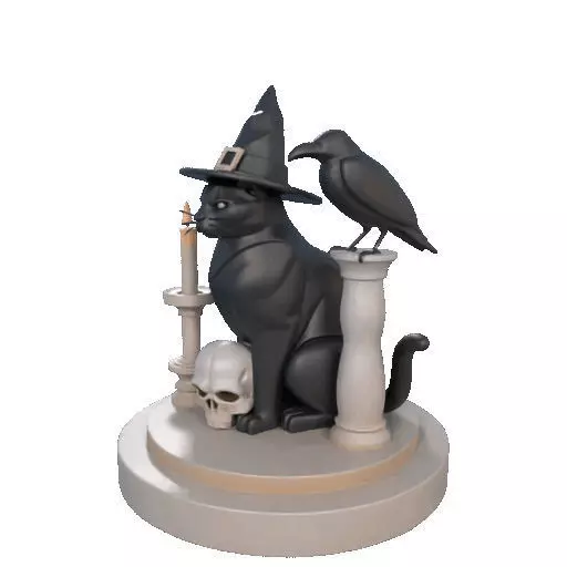 2342 Witch Cat with Skull Raven and Candlestick 3D print model_34