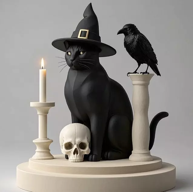 2342 Witch Cat with Skull Raven and Candlestick 3D print model_3