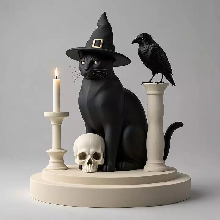 2342 Witch Cat with Skull Raven and Candlestick 3D print model_0