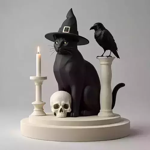 2342  Witch Cat with Skull  Raven and Candlestick
