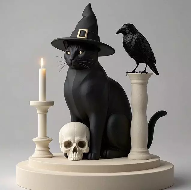 2342 Witch Cat with Skull Raven and Candlestick 3D print model_4