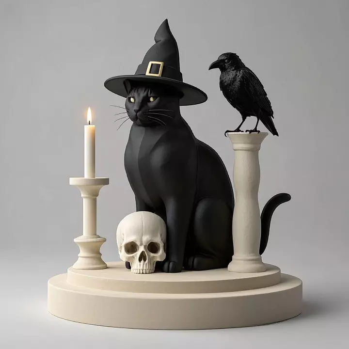2342 Witch Cat with Skull Raven and Candlestick 3D print model_1