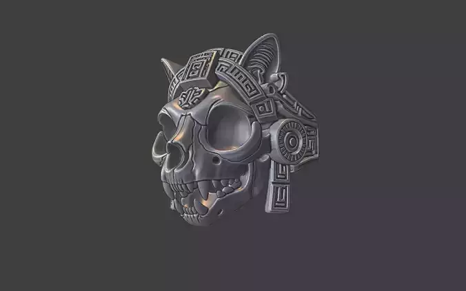 mayan inca style cat skull warrior ring