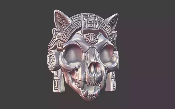 mayan inca style cat skull warrior ring
