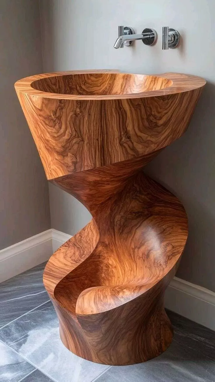 Sculptural Wooden Sink Twisted Grain Vessel Basin 3D Low-poly 3D model_0